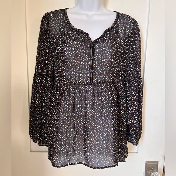 Max Studio Sheer Black Multicolor Long Sleeve empire Waist Blouse top sz M - Picture 6 of 9